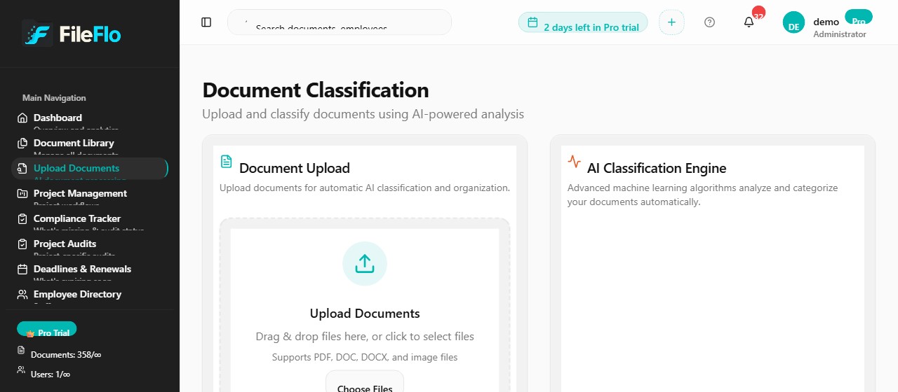 FileFlo Document Classification screen showing AI-powered upload and automatic document organization