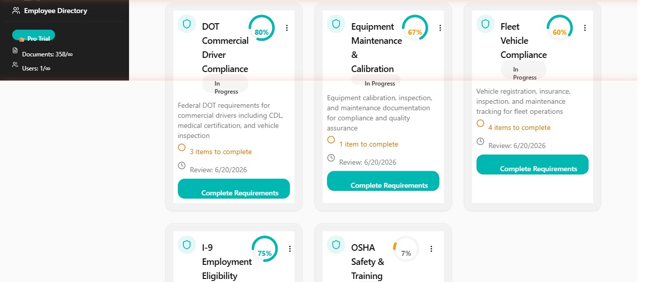 FileFlo DOT Commercial Driver Compliance pack showing Download Packet button for instant audit binder generation