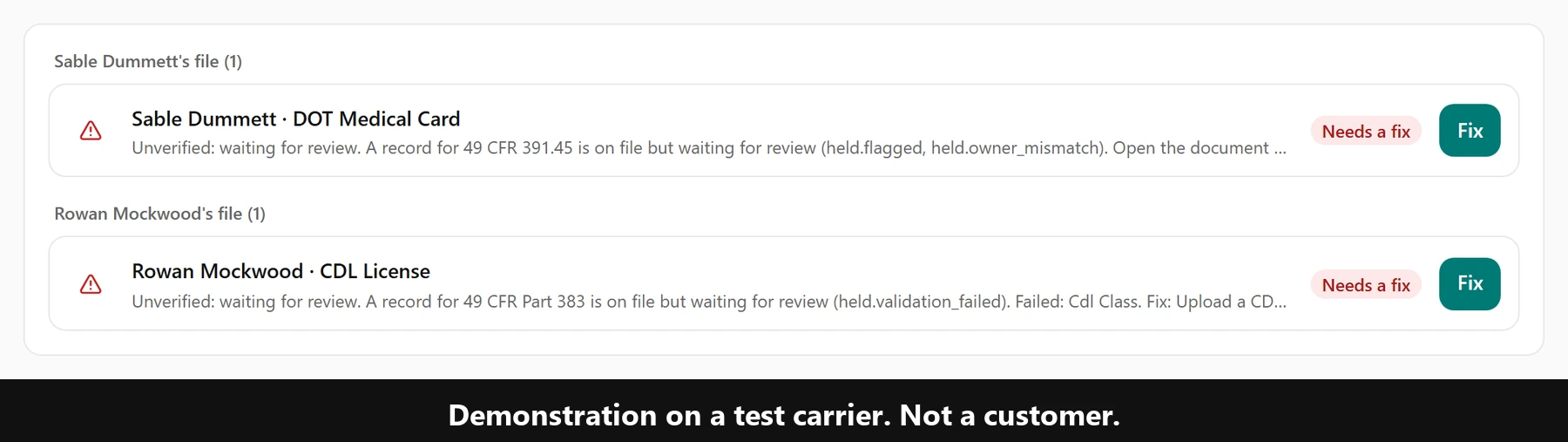 Two review items on a test carrier's Today list: a DOT medical card held because it names a different person (49 CFR 391.45), and a CDL held because no class is printed (49 CFR Part 383). Each is marked Needs a fix. Demonstration on a test carrier. Not a customer.